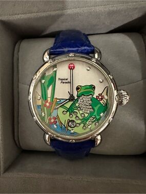 Michele Tropical Paradise Diamond Dial Watch with Blue Strap and Green Motif